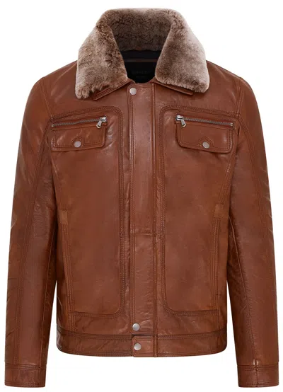 Infinity Leather Mens Trucker Shirt Leather Jacket- Tornio In Brown