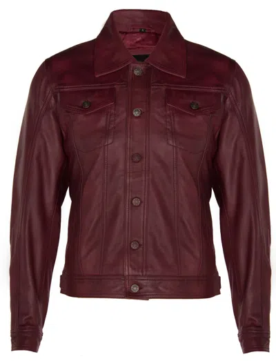 Infinity Leather Mens Trucker Slim Fit Leather Shirt Jeans Jacket In Brown