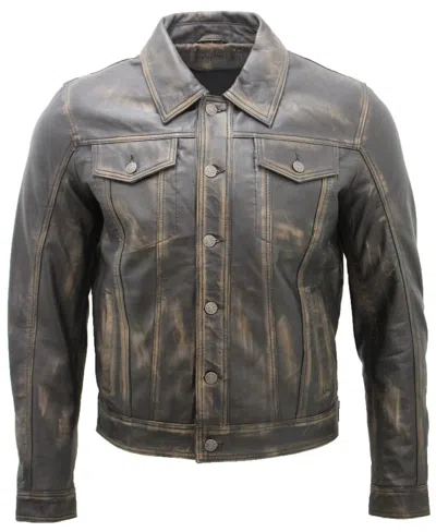 Infinity Leather Mens Trucker Slim Fit Leather Shirt Jeans Jacket In Gray