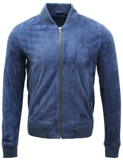 Infinity Leather Mens Varsity Soft Suede Leather Bomber Jacket In Blue