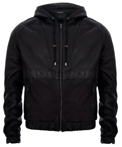 Infinity Leather Mens Vintage Zipped Leather Hooded Bomber Biker Jacket In Black