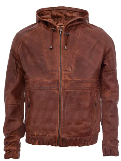 Infinity Leather Mens Vintage Zipped Leather Hooded Bomber Biker Jacket In Brown