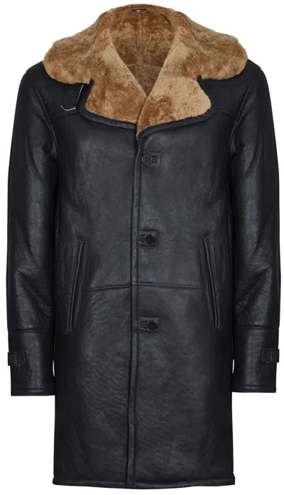 Infinity Leather Mens Warm Shearling Sheepskin Crombie Coat-cologne In Black