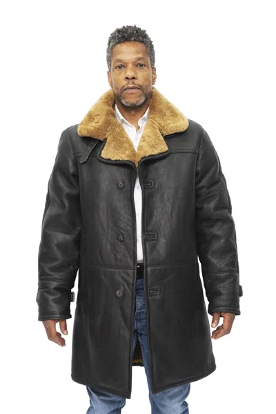 Infinity Leather Mens Warm Shearling Sheepskin Crombie Coat-leiston In Black