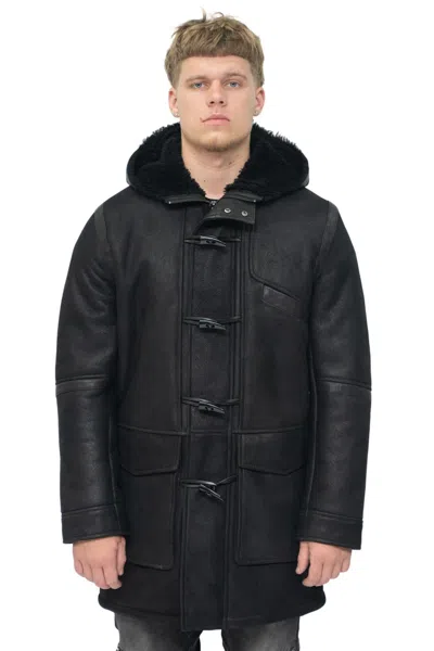 Infinity Leather Mens Winter Sheepskin Leather Hooded Duffle Coat-langport In Black