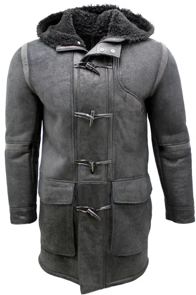 Infinity Leather Mens Winter Sheepskin Leather Hooded Duffle Coat-montpellier In Gray