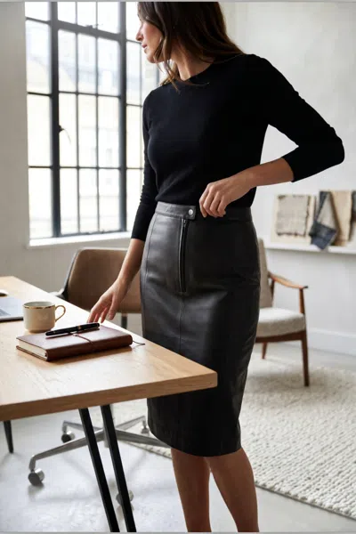 Infinity Leather Women's Black Leather Biker Pencil Long Midi Skirt - Belle