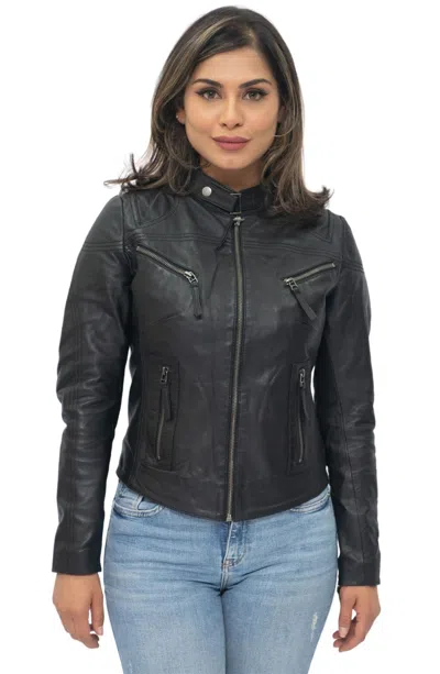 Infinity Leather Women's Casual Slim-fit Leather Biker Jacket-tulsa In Black