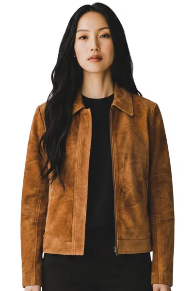Infinity Leather Women's Tan Suede Leather Bomber Blouson Varsity Jacket - Austurland In Brown