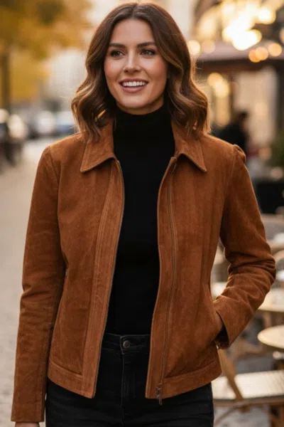 Infinity Leather Women's Tan Suede Leather Bomber Blouson Varsity Jacket - Stella In Brown