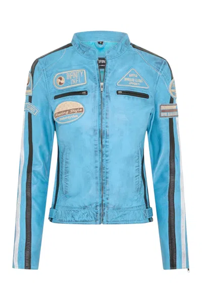 Infinity Leather Womens Biker Racing Badges Blue Leather Jacket-eastleigh