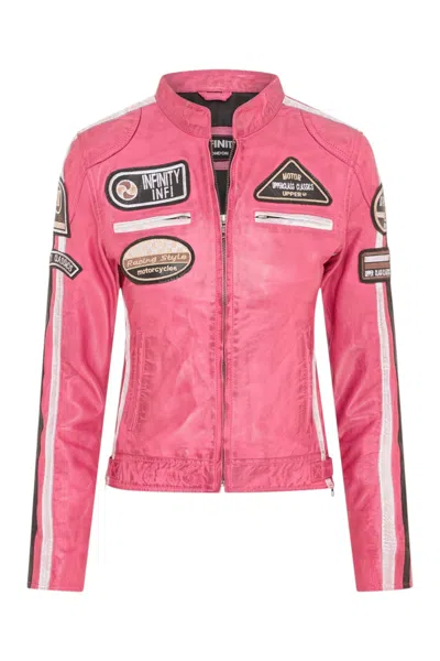 Infinity Leather Womens Biker Racing Badges Fuschia Leather Jacket-eastleigh In Pink