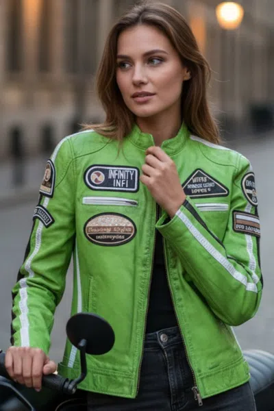 Infinity Leather Womens Biker Racing Badges Green Leather Jacket-eastleigh