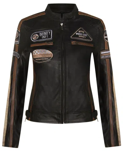 Infinity Leather Womens Biker Racing Badges Leather Jacket-eastleigh In Black