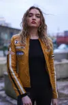 Infinity Leather Womens Biker Racing Badges Leather Jacket-eastleigh In Yellow