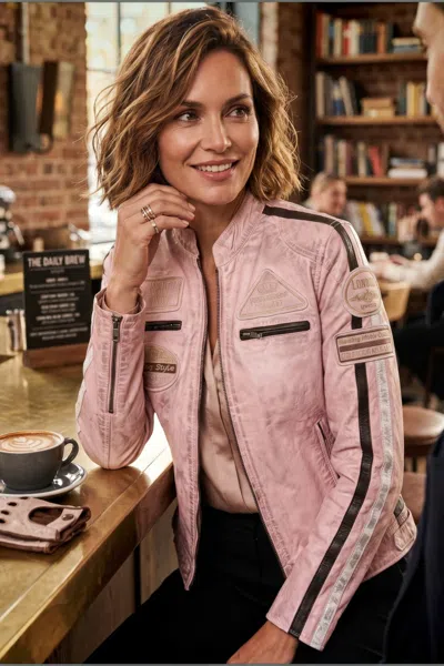 Infinity Leather Womens Biker Racing Badges Pink Leather Jacket-eastleigh