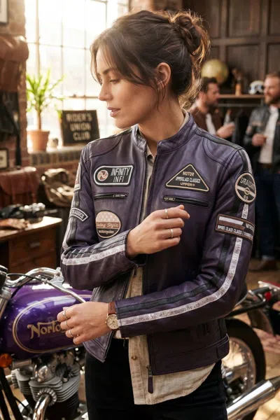Infinity Leather Womens Biker Racing Badges Purple Leather Jacket-maple