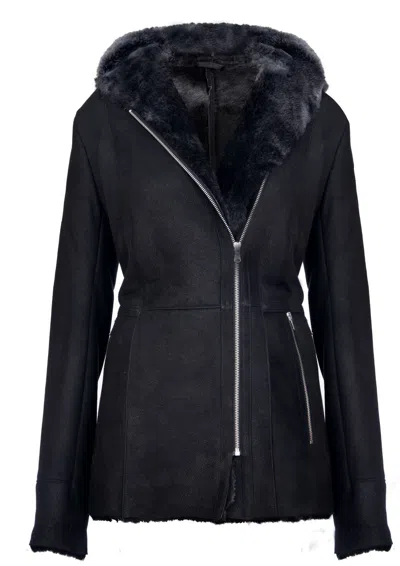 Infinity Leather Womens Black Hooded Merino Sheepskin Jacket-mandalay