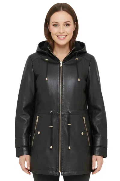 INFINITY LEATHER WOMENS BLACK LEATHER PARKA REMOVABLE BORG HOODED TRENCH COAT - EMILIA