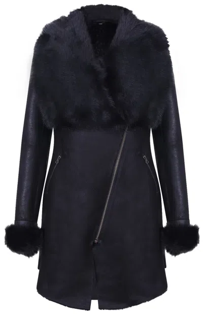 Infinity Leather Womens Black Merino Shearling Coat With Toscana Collar-fortaleza