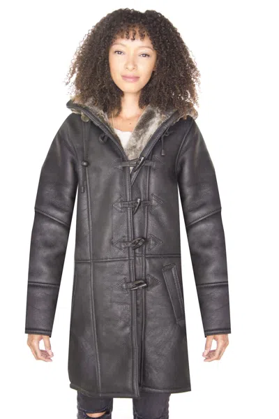 Infinity Leather Womens Black Shearling Hooded Duffle Coat-lille