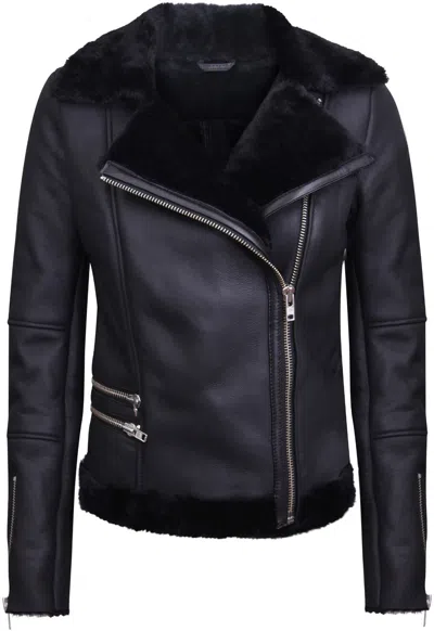 INFINITY LEATHER WOMENS BLACK SHEARLING SHEEPSKIN AVIATOR JACKET-KIEV