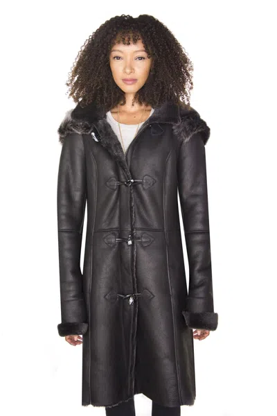 Infinity Leather Womens Black Sheepskin Hooded Duffle Coat-redhill
