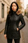 Infinity Leather Womens Brown Womens Brown Quilted Leather Parka Jacket-bowen In Black