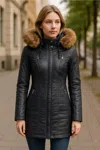 Infinity Leather Womens Slim Fit Leather Hooded Parka Jacket-northam In Black