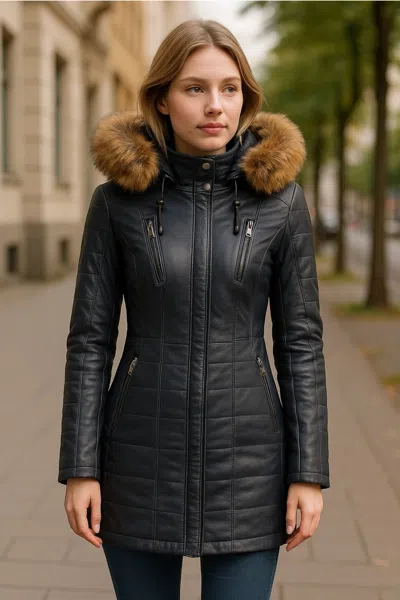 INFINITY LEATHER WOMENS BLUE QUILTED LEATHER PARKA JACKET-WINTON