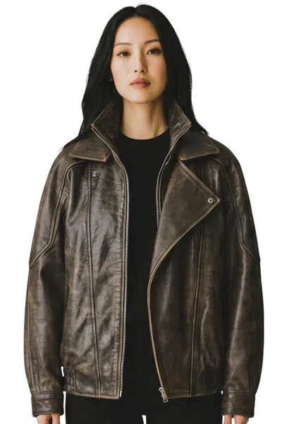 Infinity Leather Womens Brown Cow Leather Big Bomber Biker Blouson Oversized Jacket - Krakow