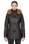 Infinity Leather Womens Brown Lamb Leather Quilted Parka Fur Hood Jacket- Duchess In Brown