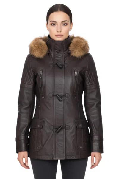 Infinity Leather Womens Brown Lamb Leather Quilted Parka Fur Hood Jacket- Duchess