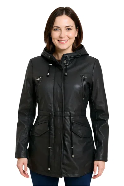 INFINITY LEATHER WOMENS BROWN LEATHER HOODED PARKA JACKET-CAIRNS