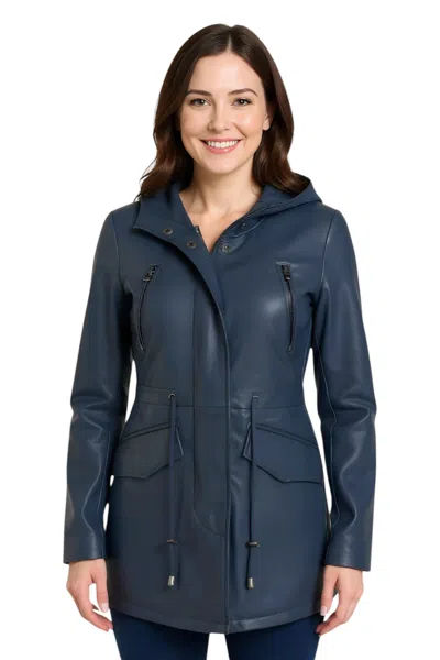 Infinity Leather Womens Brown Leather Hooded Parka Jacket-cairns In Blue