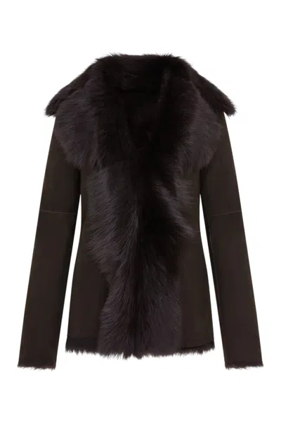 Infinity Leather Womens Brown Sheepskin Toscana Shearling Suede Leather Jacket - Noiré