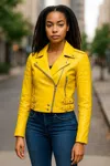 Infinity Leather Womens Burgundy Cropped Brando Leather Biker Jacket-durban In Yellow
