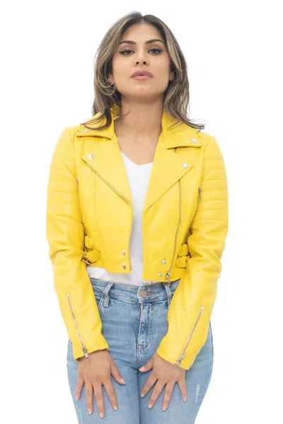 Infinity Leather Womens Cropped Brando Leather Biker Jacket-damascus In Yellow