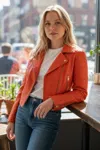 Infinity Leather Womens Cropped Brando Orange Leather Biker Jacket-durban In Orange