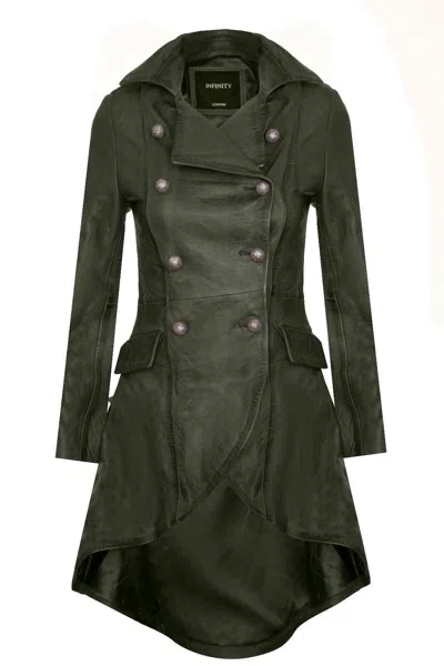 Infinity Leather Womens Goth Leather Edwardian Flare Coat-rushmoor In Green