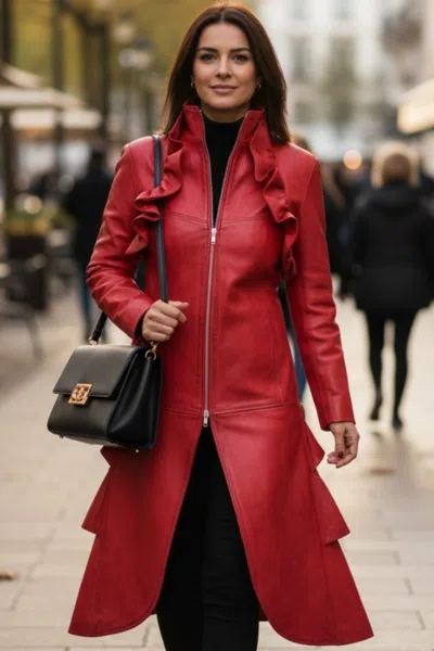 Infinity Leather Womens Goth Red Leather High Collar Victorian Flare Tailcoat - Everly