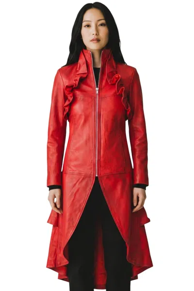 Infinity Leather Womens Goth Red Leather High Collar Victorian Flare Tailcoat - Telemark