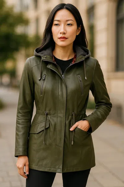Infinity Leather Womens Green Leather Hooded Parka Jacket-clare