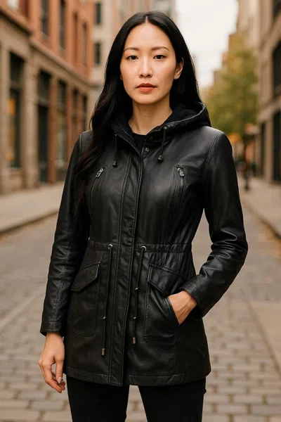 Infinity Leather Womens Green Leather Hooded Parka Jacket-clare In Black