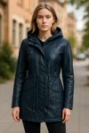 Infinity Leather Womens Green Leather Hooded Parka Jacket-clare In Blue