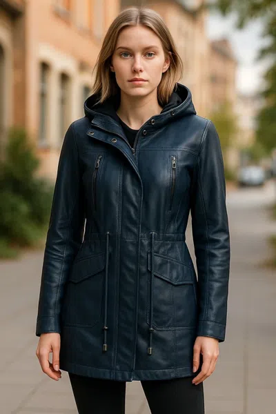 Infinity Leather Womens Green Leather Hooded Parka Jacket-clare In Blue