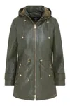 Infinity Leather Womens Green Leather Parka Detachable Borg Hooded Trench Coat - Trekker In Green
