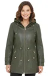 Infinity Leather Womens Green Leather Parka Detachable Borg Hooded Trench Coat - Trekker In Green