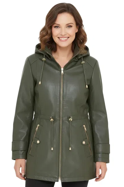 INFINITY LEATHER WOMENS GREEN LEATHER PARKA REMOVABLE BORG HOODED TRENCH COAT - EMILIA