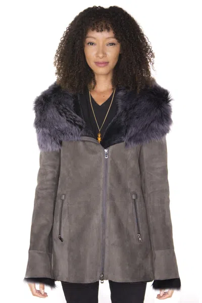 Infinity Leather Womens Grey Suede Hooded Merino Sheepskin Coat-romsey In Black